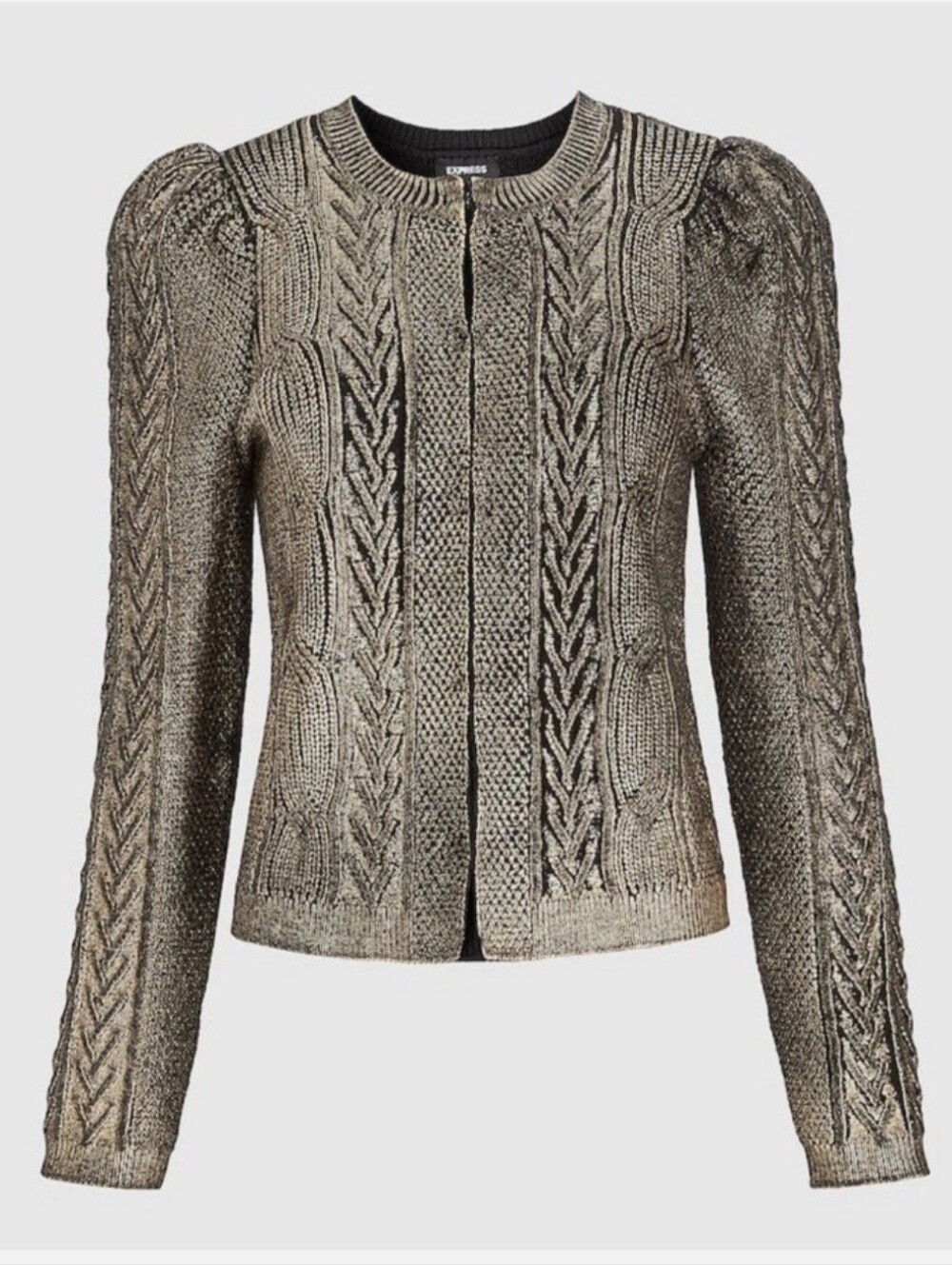 Express Metallic Gold Coated Cable Knit Puff Sleeve Sweater Blazer Sz:M